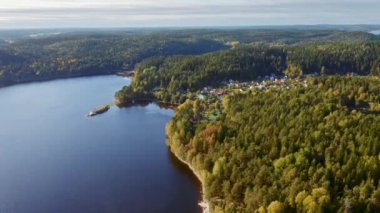 Karelia Cumhuriyeti 'ndeki ormanın havadan görünüşü. - Rusya. kamera ileri gider