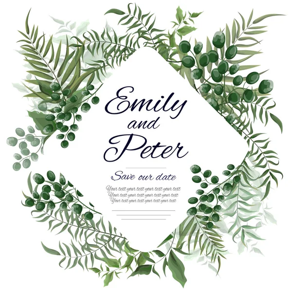 Modèle Vectoriel Pour Invitation Mariage Carte Mariage Branches Vertes Baies — Image vectorielle