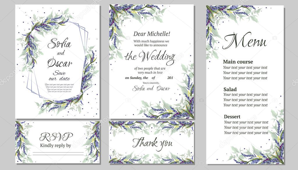 Vector floral invitation for wedding invitation, rsvp card, thanks, menu. Abstract frame with flowers of lavender. All elements are isolated.