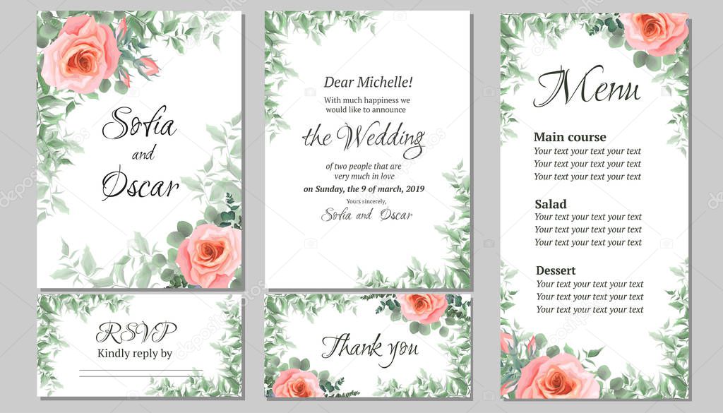 Flower wedding invitation template, rsvp card, thanks, menu. Pink roses, eucalyptus, green plants and leaves. All elements are isolated.
