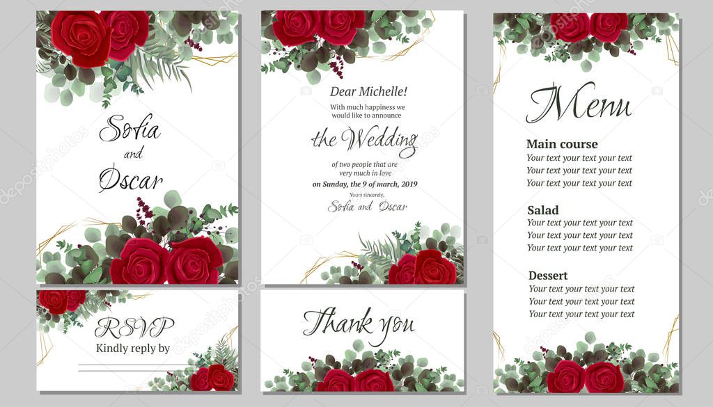 A large set of cards for your wedding. Invitation card, thanks, rsvp, menu. Red rose flowers, green branches, eucalyptus, plants, leaves. All elements are isolated.
