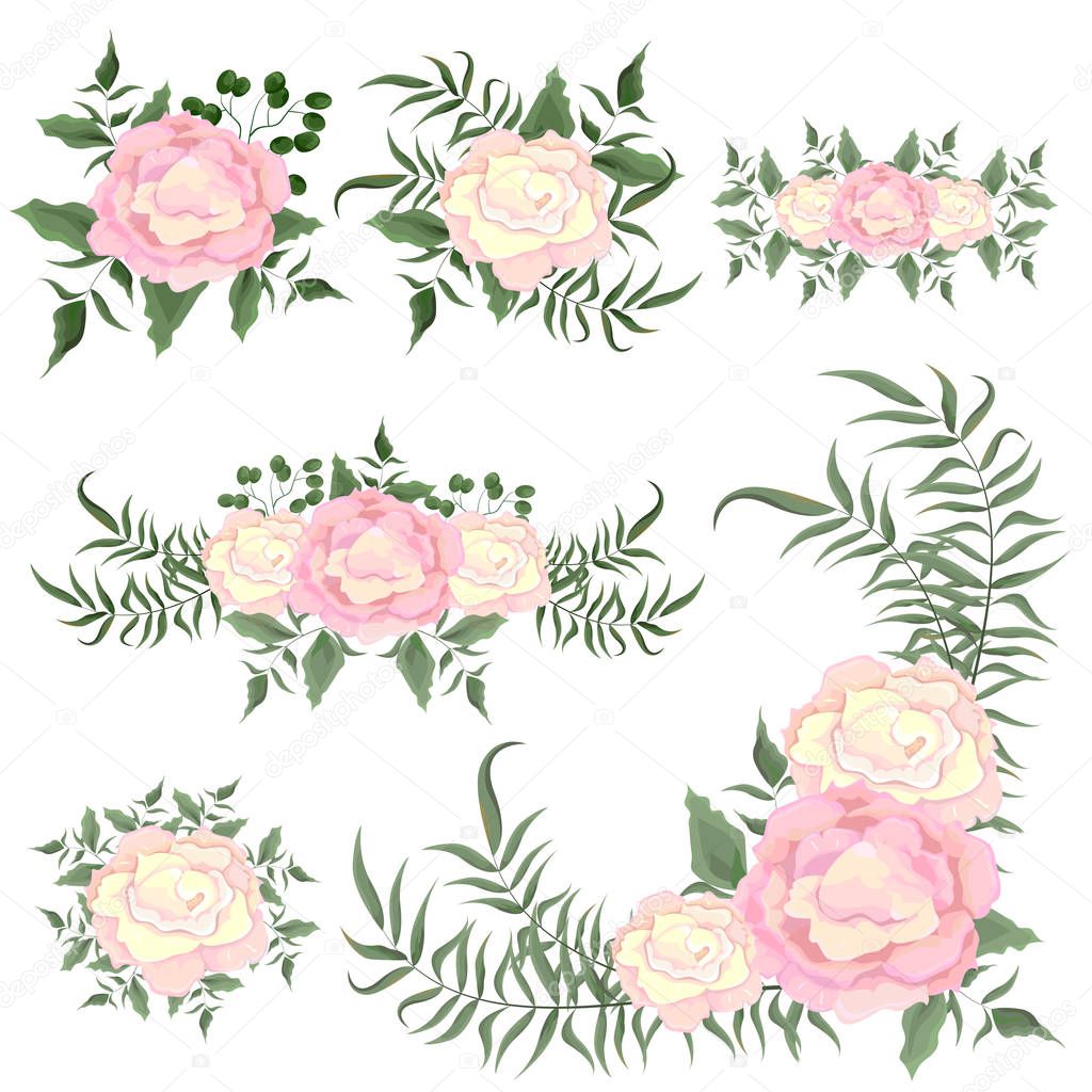 Set of vector border, corner, bouquet with pink roses and greenery. All elements are isolated. Elements for design.