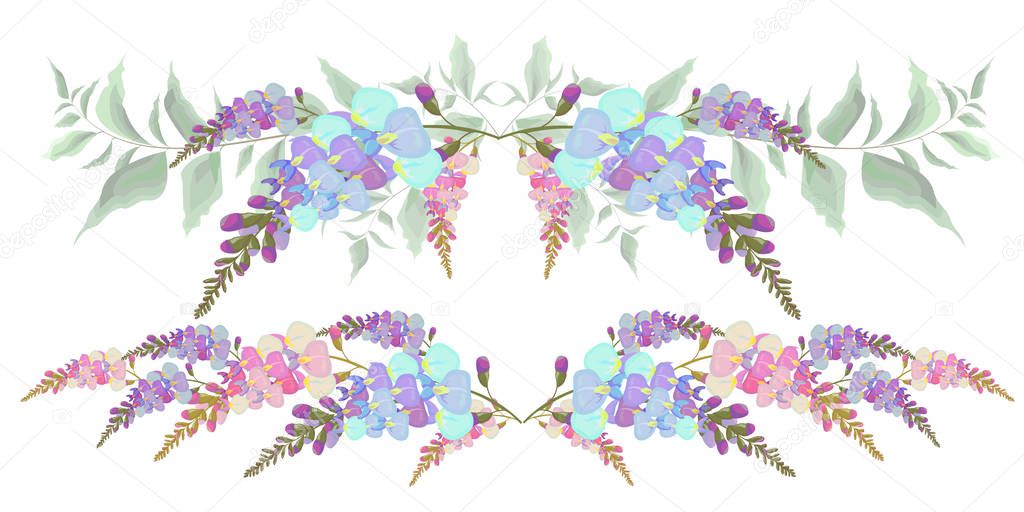 Set of vector borders of Wisteria flowers. All elements are isolated.