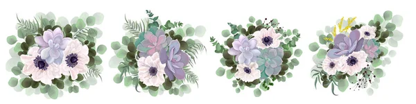 Vector set of bouquets of flowers on a white background. Anemones, succulents, mimosa, eucalyptus, green plants and flowers. — Stock Vector