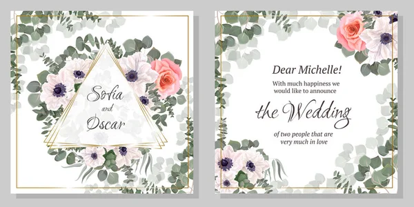 Κομψό σχέδιο λουλουδιών για το γαμήλιο προσκλητήριο. Τρίγωνο χρυσό πλαίσιο, διάνυσμα λευκές ανεμώνες, ροζ τριαντάφυλλα, ευκάλυπτος, φυτά και φύλλα. — Διανυσματικό Αρχείο