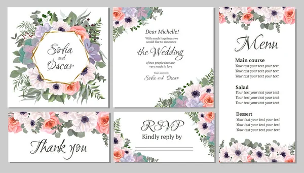 Floral vector template for invitation. Invitation card, thanks, rsvp, menu.  Polygonal golden frame, white anemones, pink roses, succulents, eucalyptus, berries, plants and flowers. — Stock Vector