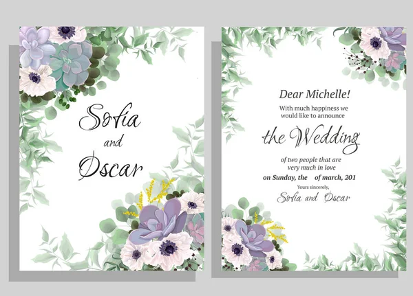 Elegante diseño floral para tu invitación a la boda. Eucalipto, anémonas blancas, suculentas, mimosa, plantas y hojas verdes . — Archivo Imágenes Vectoriales