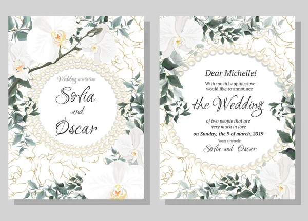 Vector floral template για προσκλήσεις γάμου. Ορχιδέα λουλουδιών, στρογγυλό πλαίσιο από λευκά μαργαριτάρια, φόντο με χρυσό, πράσινα φυτά, φύλλα. Όλα τα στοιχεία είναι απομονωμένα. — Διανυσματικό Αρχείο