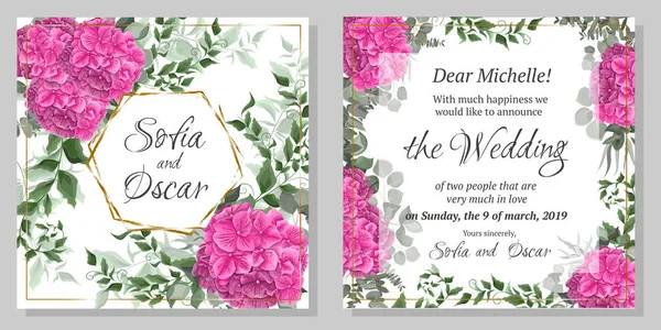 Biglietto d'invito con fiori di ortensia rosa. Eleganti foglie e piante verdi, eucalipto . — Vettoriale Stock