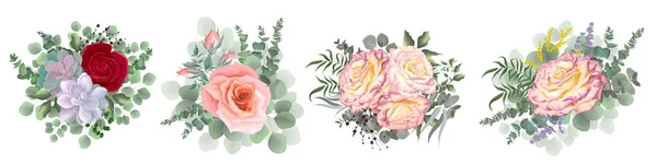 Flower set for your design. Beautiful pink and red roses, succulents, eucalyptus, berries, green plants. Flowers on a white background. — Stock Vector