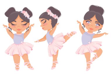 Bir grup güzel kız balerin. Bale kıyafetleri, etekler, sivri ayakkabılar, çiçekler. Küçük dansçılar. Çocuk vektör illüstrasyonu.