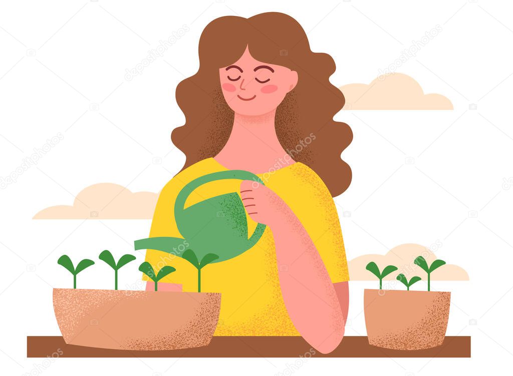A woman caring for seedlings. Girl watering the sprouts of plants. Gardener, indoor flowers. Vector illustration.