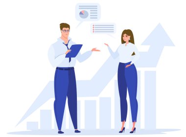 Meslektaşlar iş meselelerini tartışır. Kızlar ve erkekler iş hakkında konuşuyor. Takım çalışması, performans artışı. Düz vektör illüstrasyonu.