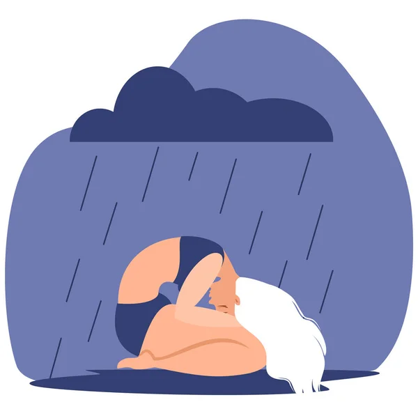 Vrouw is ziek van depressie. Een verdrietig meisje zit in de regen. Lijden, depressie, psychologische bijstand. Platte vectorillustratie. — Stockvector