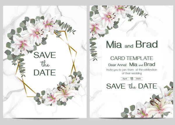 Vektormall för en bröllopsinbjudan. Blommig bröllopsdesign. Kungligt vita och rosa liljor, eukalyptusblad. Marmor bakgrund, gyllene polygonal ram. — Stock vektor