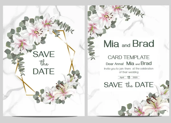 Modèle vectoriel pour une invitation de mariage. Conception de mariage floral. Lys blancs et roses royaux, feuilles d'eucalyptus. Fond en marbre, cadre polygonal doré. — Image vectorielle