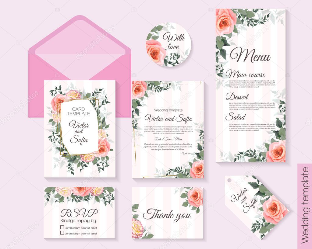 Elegant template for a wedding invitation. Floral design, pink roses, polygonal gold frame, green branches, plants and leaves. Vector postcard for your text. Invitation card, thanks, rsvp, menu.