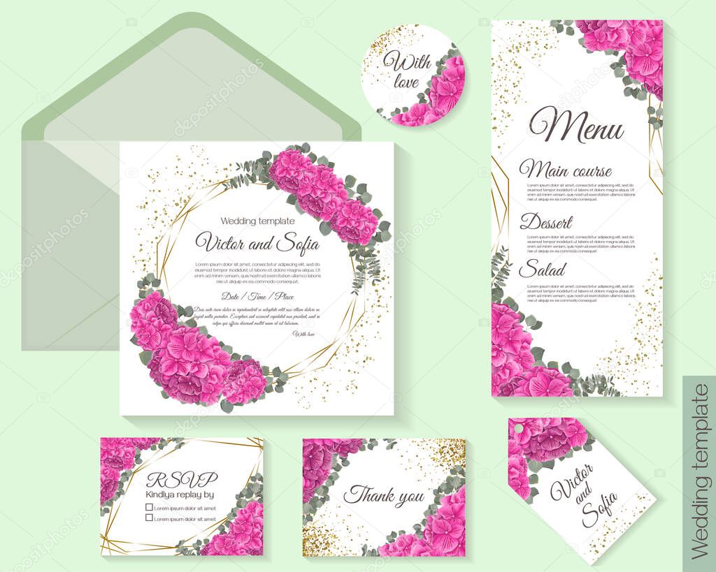 Floral wedding design. Lovely pink hydrangea, green leaves. Set for wedding, invitation card, label, thank you, rsvp, menu.