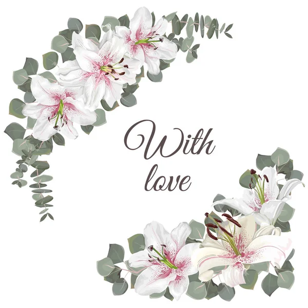 婚礼设计的花卉元素。白色与粉红百合花，桉树，绿色植物和叶子。矢量角. — 图库矢量图片