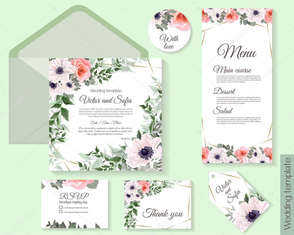 Vector wedding set. Invitation card, rsvp, label, thank you, round card. White anemones, pink roses, succulents, leaves, eucalyptus, berries.