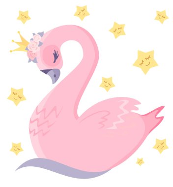 Güzel pembe kuğu. Kuğu Prenses. Çocuklar için illüstrasyon, çocuk tişörtü. Taçtaki kuş..