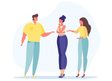 Bir grup insan konuşuyor. Kızlar ve erkek tartışıyor. Düz vektör illüstrasyonu.