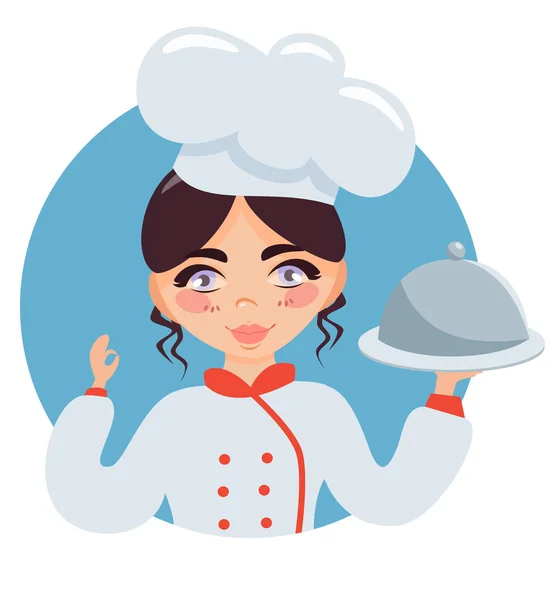 La petite chef tient un plat. Logo pour les cours de cuisine pour enfants. — Image vectorielle