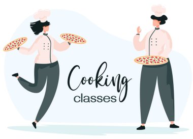 Vektör çizimi. Pizza şefi. Bir erkek ve bir kadın pizza hazırlıyorlar. Pizza yapmak ana sınıf konsepti. Yemek kursları.