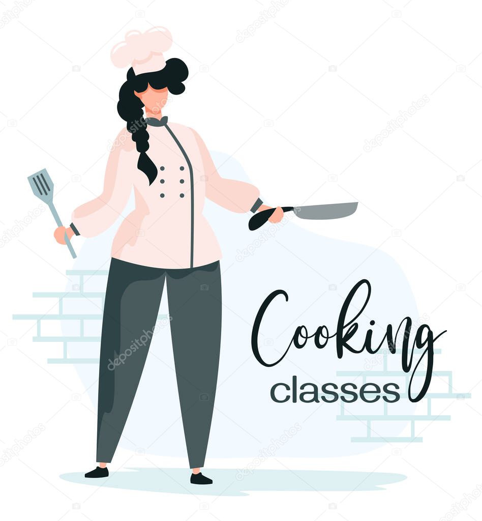 Vector illustration. Cook with a frying pan. The concept of a culinary master class. Cooking school.