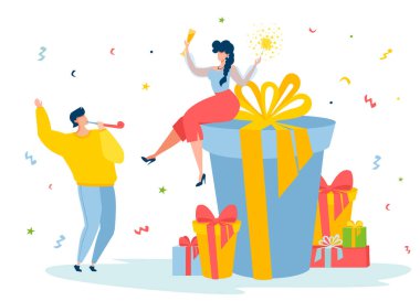 Adam eğleniyor, kız hediyelerin üzerinde oturuyor ve şampanya içiyor. Yeni yıl partisi. Bir sürü hediye. Şirket parti konsepti. Vektör illüstrasyonu.