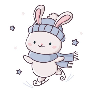 Beyaz arkaplanda basit bir kawaii tarzında vektör illüstrasyonu. Kış şapkası ve atkısı takan sevimli bir tavşan kayıyor. Vektör illüstrasyonu