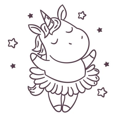 Yıldızlarla çevrili şirin bir midilli bale yapıyor. Beyaz arka planda boyama, çizgi çizimi. - Evet. Vektör illüstrasyonu