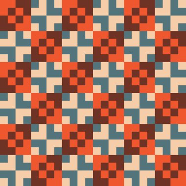 Daha büyük krem ve mavi-gri kareler halinde küçük turuncu ve kahverengi karelerden oluşan desen 