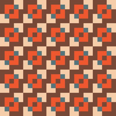 Kahverengi, krema, turuncu ve gök mavisi karelerden oluşturulan Retro desen 