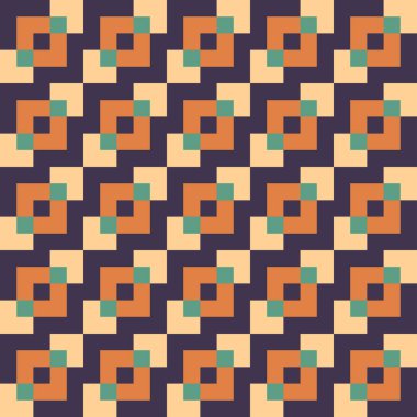 Krem rengi, koyu mor, ten rengi ve yeşil karelerden oluşan retrodesen. 