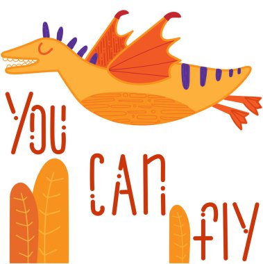 Bir dinozor veya ejderha vektör görüntü. Hayali, kanatlı turuncu karakter yaprakları üzerinde uçuyor, çocuklar için çizim. Düz stil. Kart, poster, çocuk kıyafetleri için resim. 