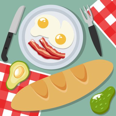 Tablonun vektör görüntüsü, üst görünüm. Yumurtalı tabak, pastırma. Masada ekmek veya baget, bıçak ve çatal, çatal bıçak. Kırmızı ve beyaz peçetelerle mavi bir masa örtüsünde natürmort. düz tarzı. kafe için