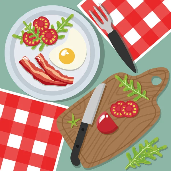 Vektorbild Der Tabelle Draufsicht Teller Mit Eiern Speck Salat Und — Stockvektor