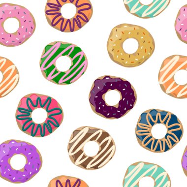 Kusursuz desen. Çöreklerin vektör görüntüsü, çörekler. Krema ve pansuman ile pişirme. Poster, kartpostal, menü tasarımı için resim. Düz stil. Farklı renklerde çörek seti. Kafeler, fırınlar için baskı.