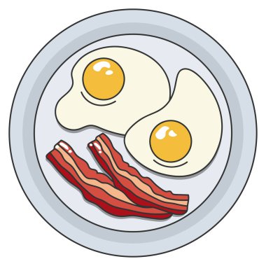 Bir tabak yiyeceğin vektör görüntüsü. Sağlıklı kahvaltı, sıkı atıştırmalık. Kızarmış yumurta, pastırmalı tabakta omlet, ızgara, et. Restoran veya poster menü tasarımı için görüntü. Gıda. Düz illüstrasyon.
