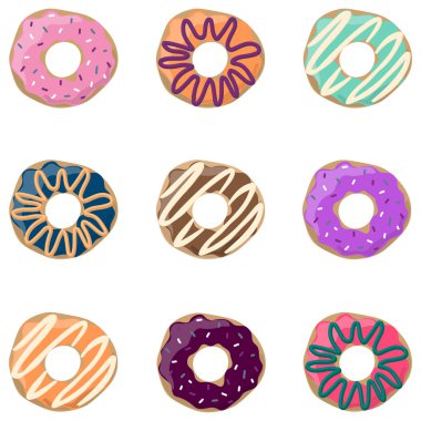 Çöreklerin vektör görüntüsü, çörekler. Krema ve pansuman ile pişirme. Poster, kartpostal, restoran menü tasarımı için resim. Düz stil. Farklı renklerde dokuz çörekler ayarlayın. Kafeler, fırınlar için baskı.