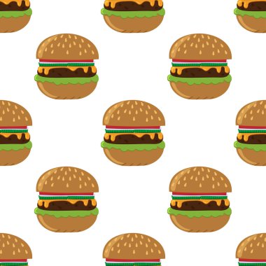 Kusursuz desen. Hamburger veya çizburgerin vektör görüntüsü. Restoran menüsünün dekorasyonu için illüstrasyon, ambalaj kağıdı. Tekstil üzerine baskı. Düz stil.