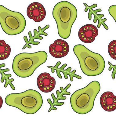 Vektör sorunsuz illüstrasyon. Avokado, arugula, marul, yeşillik, beyaz arka planda domates. Sağlıklı kahvaltı. Doğal vegan yiyecekler, sebzeler. Sonsuz desen, doku. Düz stil. Menü tasarımı.