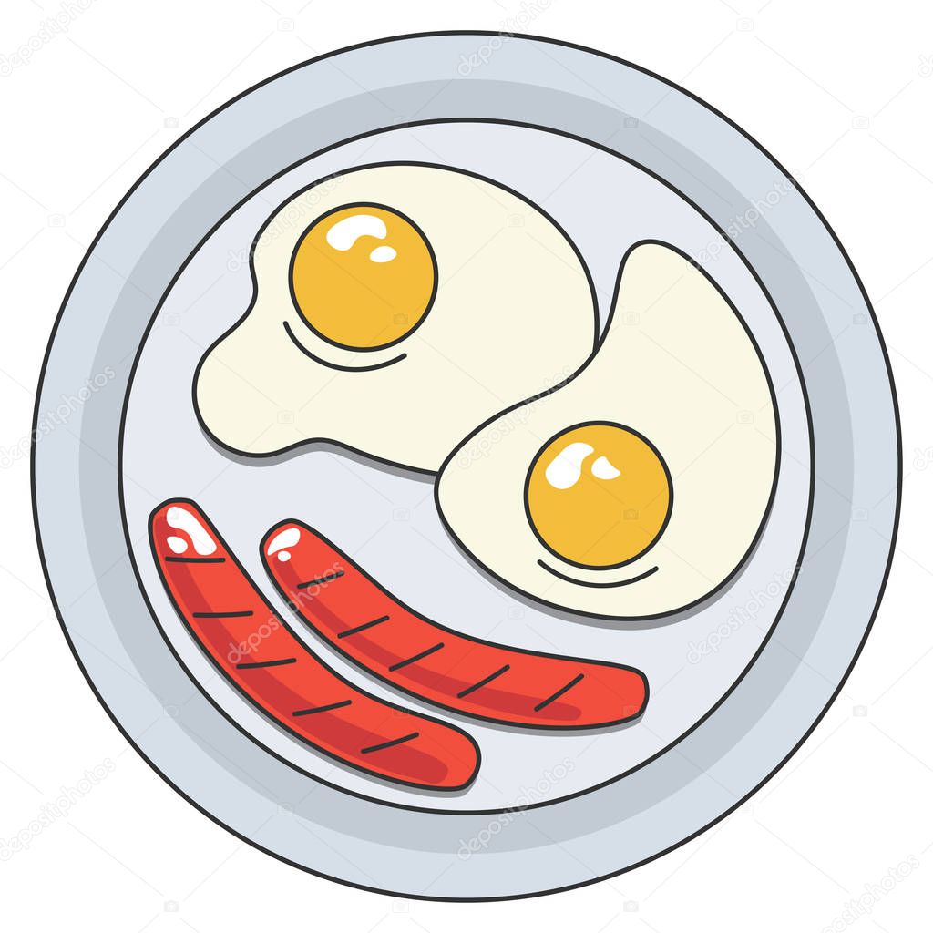 Vector image of a plate of food. Healthy breakfast, tight snack. Fried eggs, fried eggs on a plate with sausages, grilled, meat. Image for restaurant or poster menu design. Food. Flat illustration.