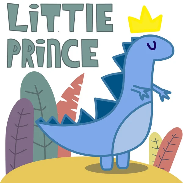 Blå Dinosaurie Med Krona Bakgrunden Bladen Med Inskriptionen Little Prince — Stock vektor