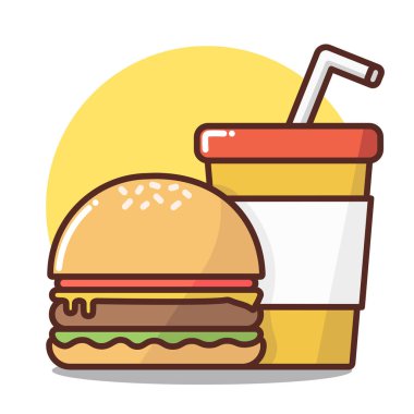Vektör, çizgi film görüntüsü. Gıda, combo, set, burger, cheeseburger, karton bardak soda ile hamburger Görüntü. Sarı daireli beyaz arka plan. Bir poster, kafe veya snack bar tasarım menüsü için baskı.