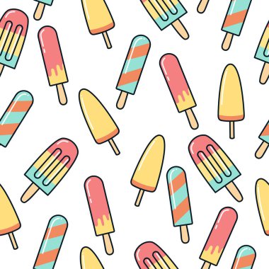 Yaz, vektör görüntüsü, düz stil, kusursuz desen. Dondurmanın, donmuş dondurmanın kusursuz dokusu. Afişler, posterler, kartpostallar için resim. Kumaş, duvar kağıdı, ambalaj kağıdı için doku. Cafe menü tasarımı.