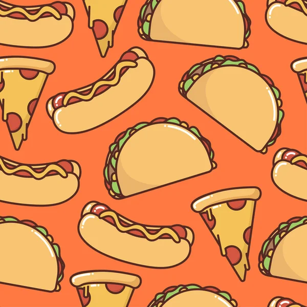 Obraz Wektorowy Bezszwowy Wzór Drukuj Tacos Gorący Pies Kawałek Pizzy — Wektor stockowy