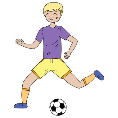 Çocuk, çocuk ya da top oynayan bir çocuğun çizgi film görüntüsü. Bir futbolcunun vektör görüntüsü. Sağlıklı yaşam tarzı, spor, aktif oyunlar.