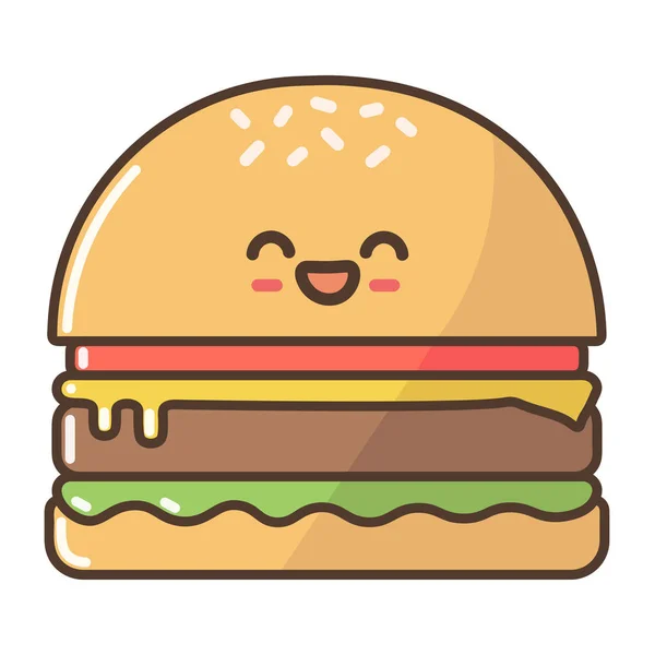 Vektor Karikatur Kawaii Essen Hamburger Burger Schnitzel Salat Brot Semmeln — Stockvektor